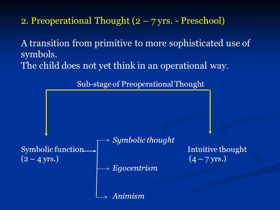 2. Preoperational Thought (2 – 7 yrs. - Preschool)