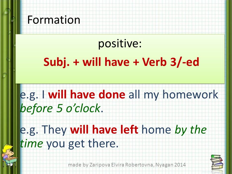 positive: Subj. + will have + Verb 3/-ed