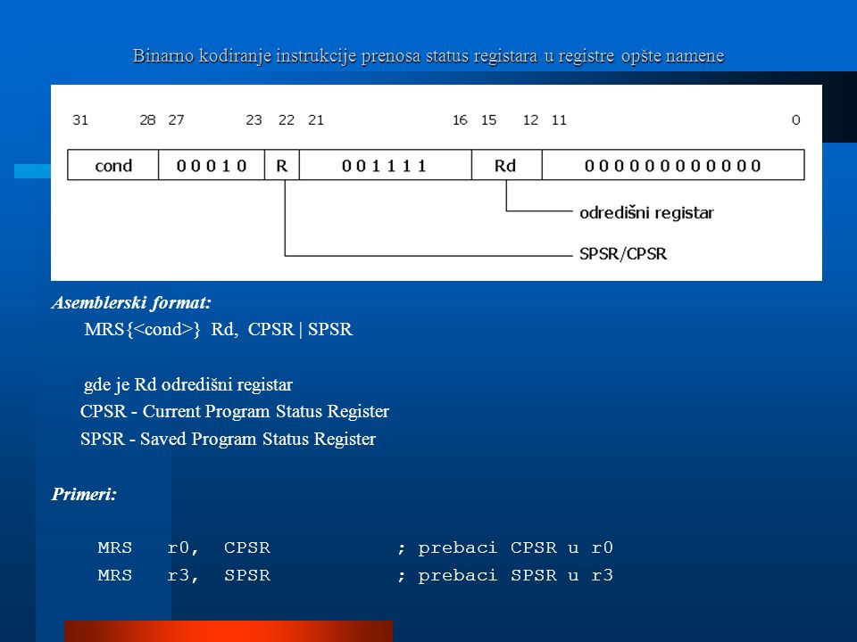 Binarno kodiranje instrukcije prenosa status registara u registre opšte namene