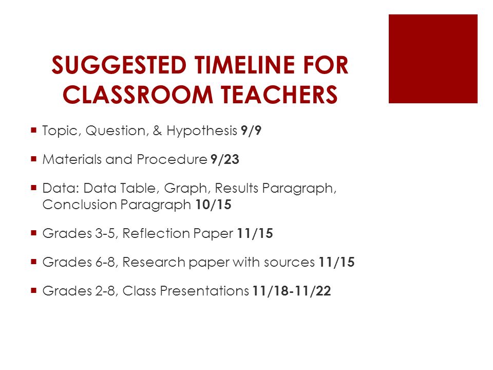 SUGGESTED TIMELINE FOR CLASSROOM TEACHERS