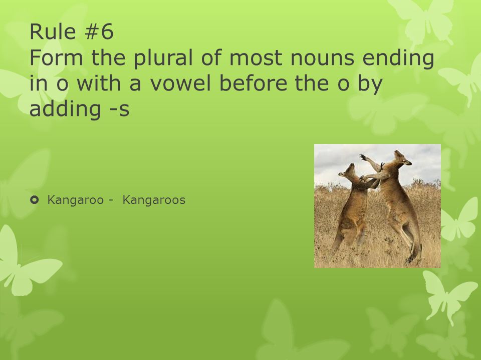 Rule #6 Form the plural of most nouns ending in o with a vowel before the o by adding -s