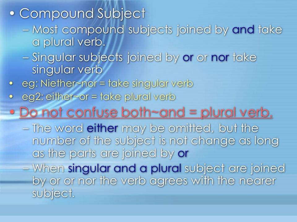Do not confuse both~and = plural verb.