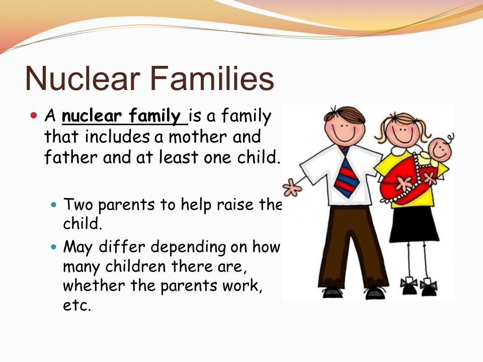 Nuclear Families A nuclear family is a family that includes a mother and father and at least one child.