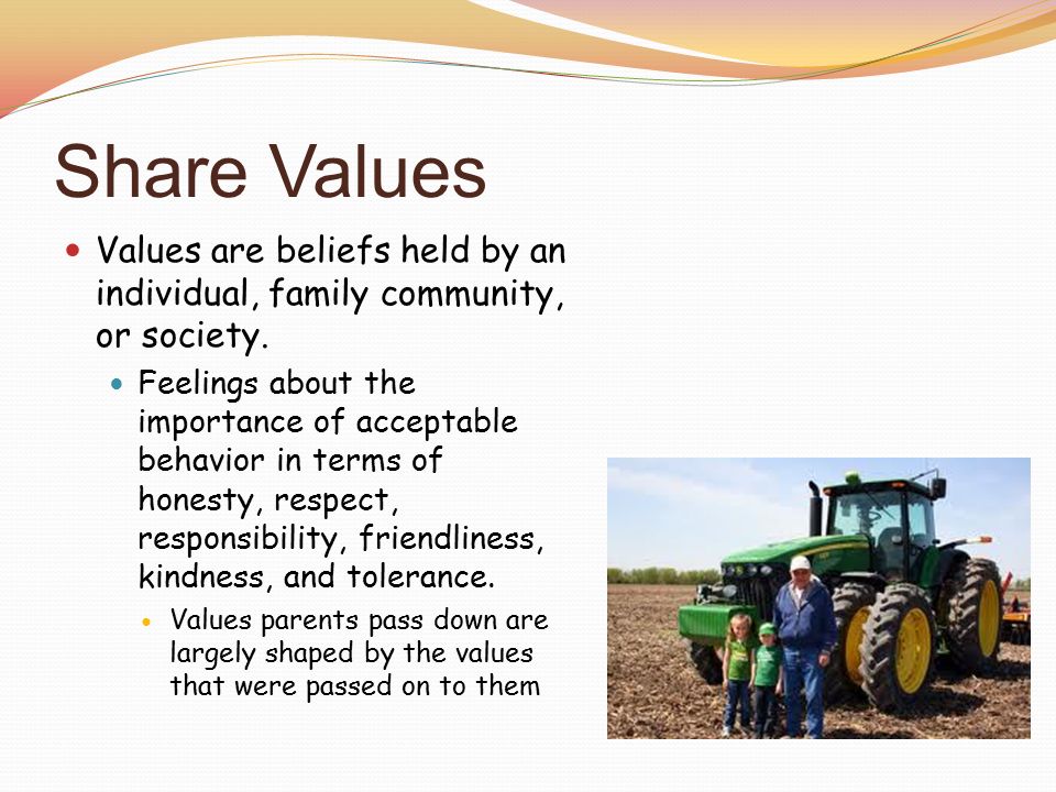 Share Values Values are beliefs held by an individual, family community, or society.