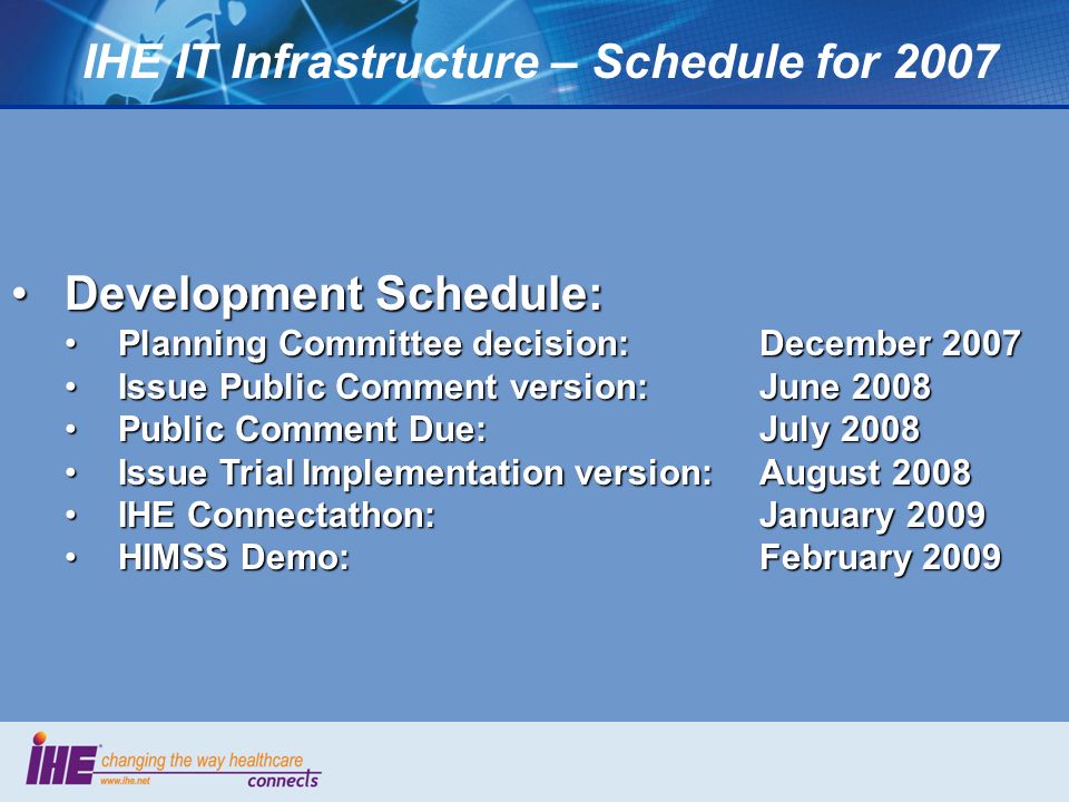 IHE IT Infrastructure – Schedule for 2007