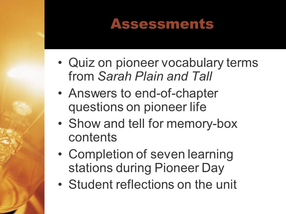 Assessments Quiz on pioneer vocabulary terms from Sarah Plain and Tall