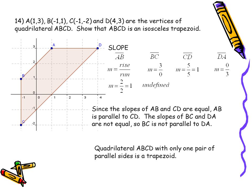 14) A(1,3), B(-1,1), C(-1,-2) and D(4,3) are the vertices of quadrilateral ABCD. Show that ABCD is an isosceles trapezoid.