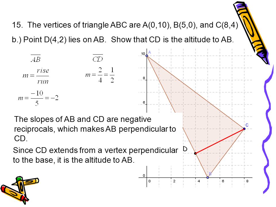 15. The vertices of triangle ABC are A(0,10), B(5,0), and C(8,4)