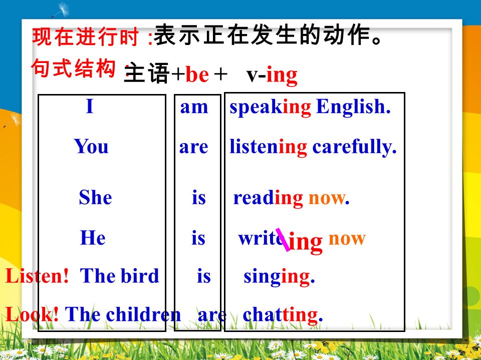 I am speaking English. She is reading now. ing 表示正在发生的动作。