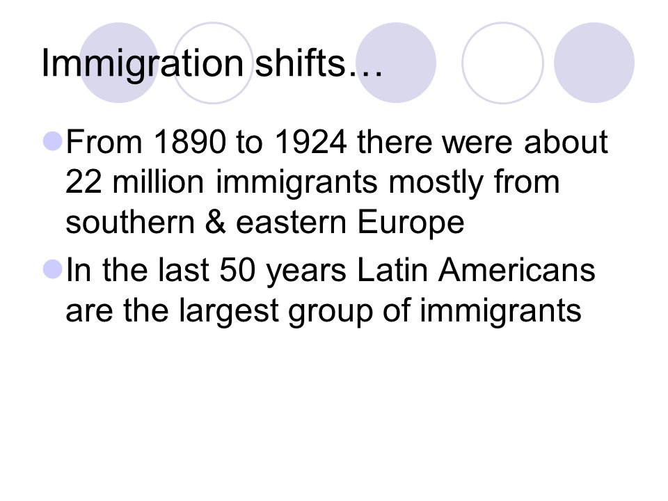 Immigration shifts… From 1890 to 1924 there were about 22 million immigrants mostly from southern & eastern Europe.