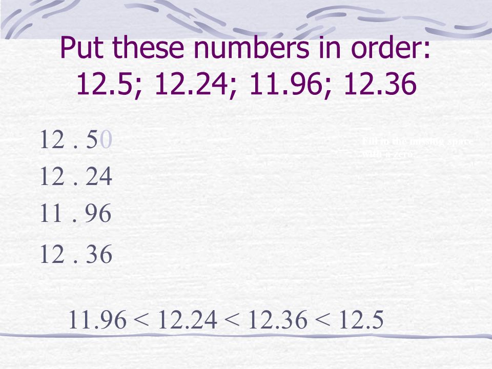 Put these numbers in order: 12.5; 12.24; 11.96; 12.36