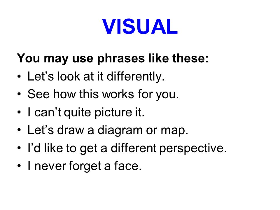 VISUAL You may use phrases like these: Let’s look at it differently.