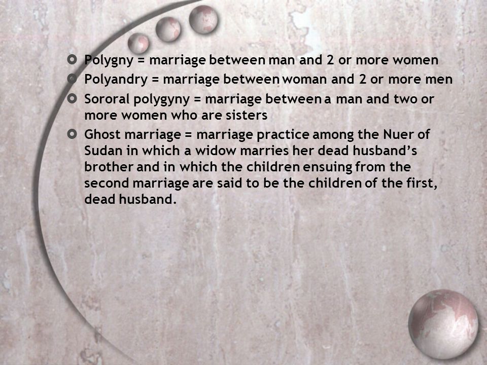 Polygny = marriage between man and 2 or more women