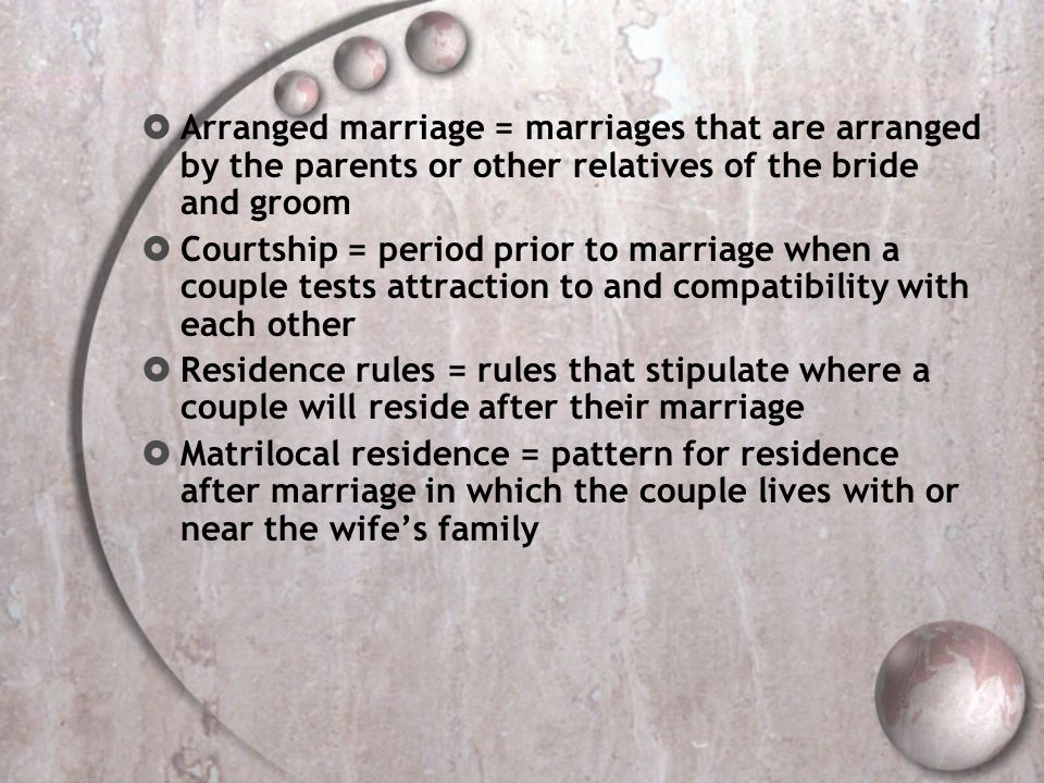 Arranged marriage = marriages that are arranged by the parents or other relatives of the bride and groom