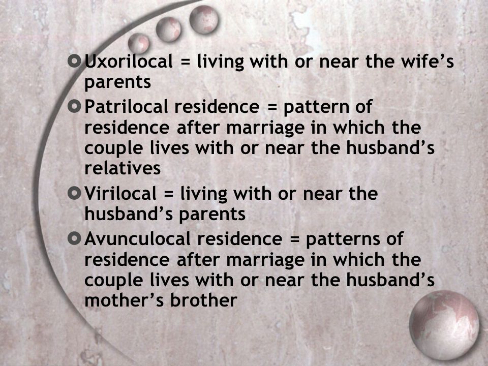 Uxorilocal = living with or near the wife’s parents