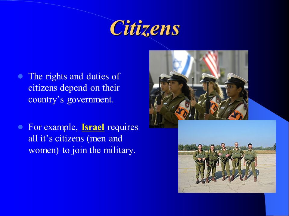 Citizens The rights and duties of citizens depend on their country’s government.