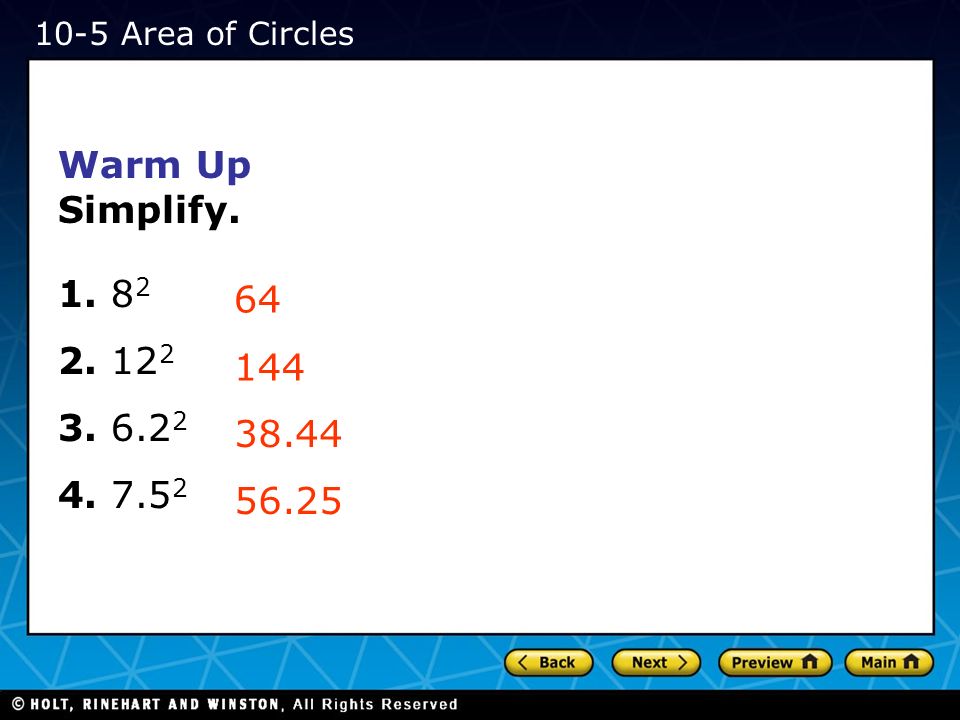 10-5 Area of Circles Warm Up Simplify
