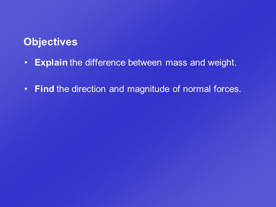 Objectives Explain the difference between mass and weight.
