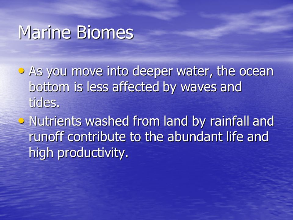 Marine Biomes As you move into deeper water, the ocean bottom is less affected by waves and tides.