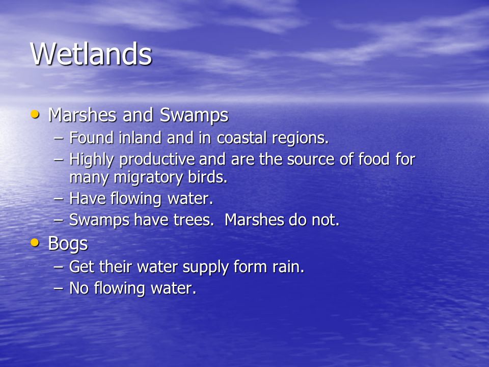 Wetlands Marshes and Swamps Bogs Found inland and in coastal regions.