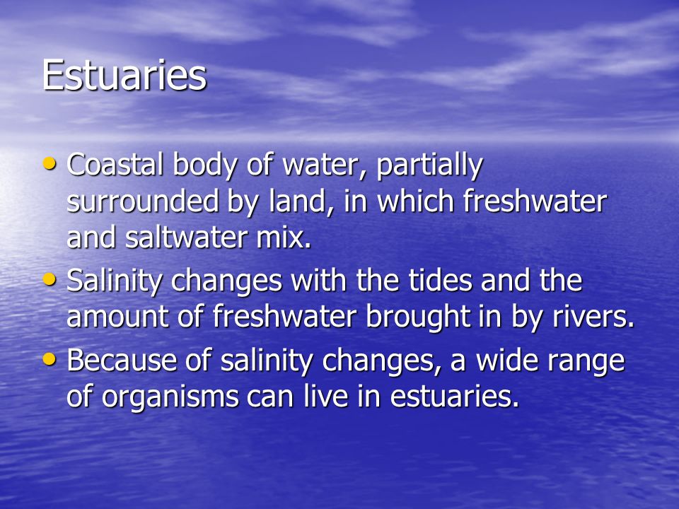 Estuaries Coastal body of water, partially surrounded by land, in which freshwater and saltwater mix.