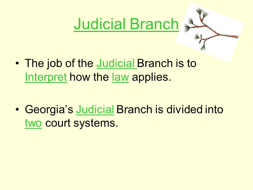 Judicial Branch The job of the Judicial Branch is to Interpret how the law applies.