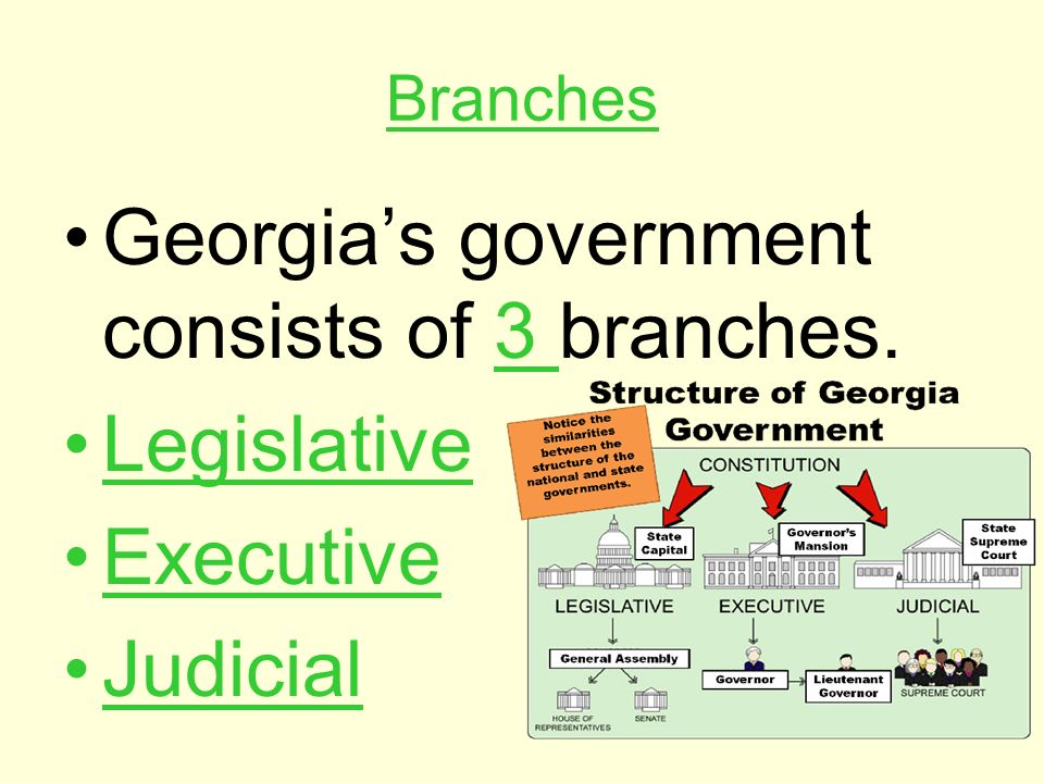 Georgia’s government consists of 3 branches. Legislative Executive