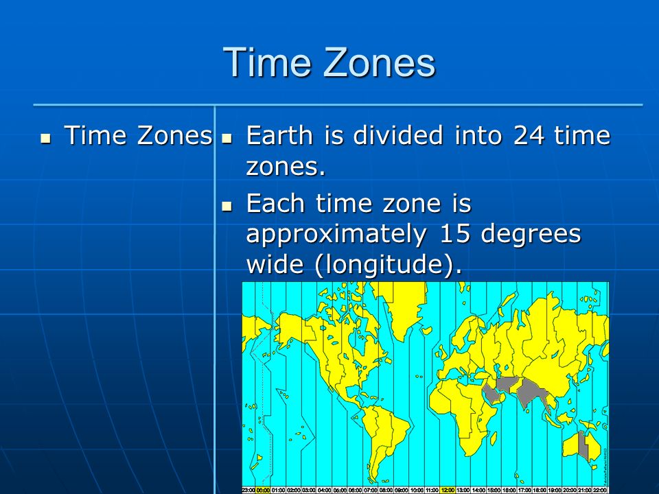 Time Zones Time Zones Earth is divided into 24 time zones.