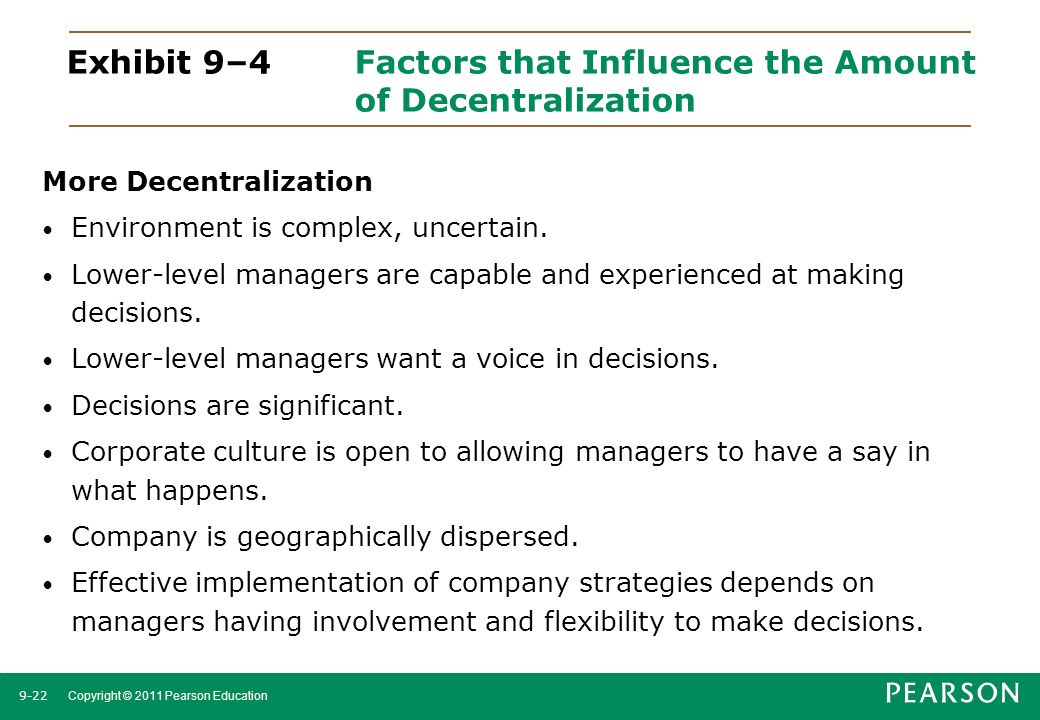 Exhibit 9–4 Factors that Influence the Amount of Decentralization