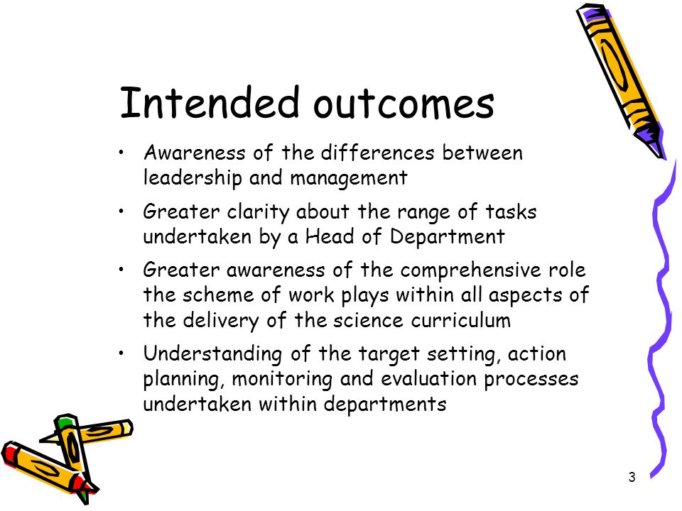 Intended outcomes Awareness of the differences between leadership and management.