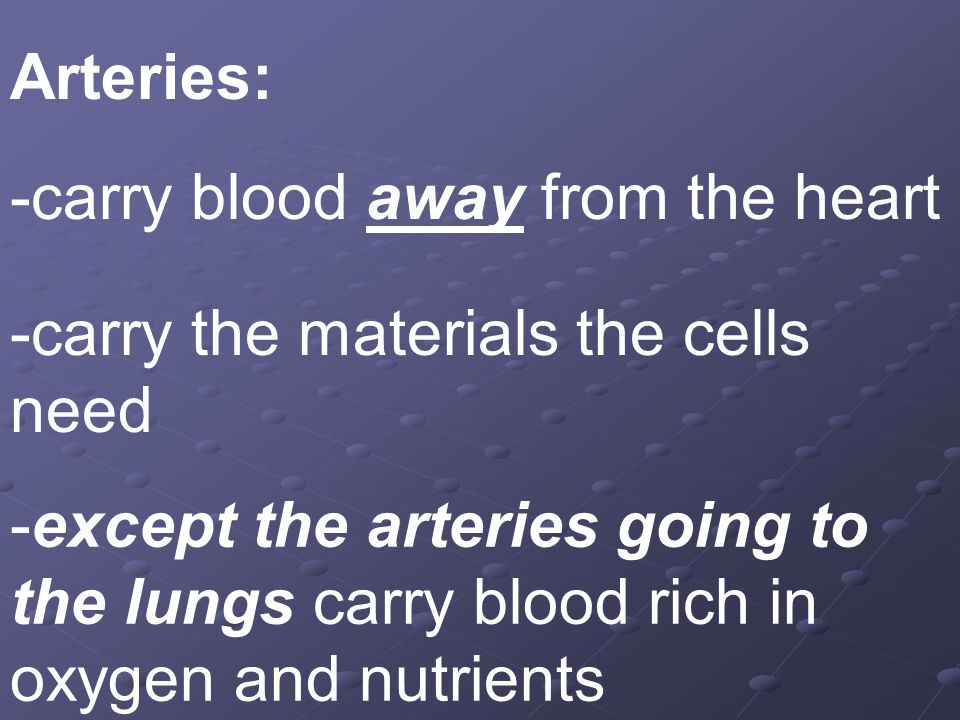 Arteries: -carry blood away from the heart. -carry the materials the cells need.