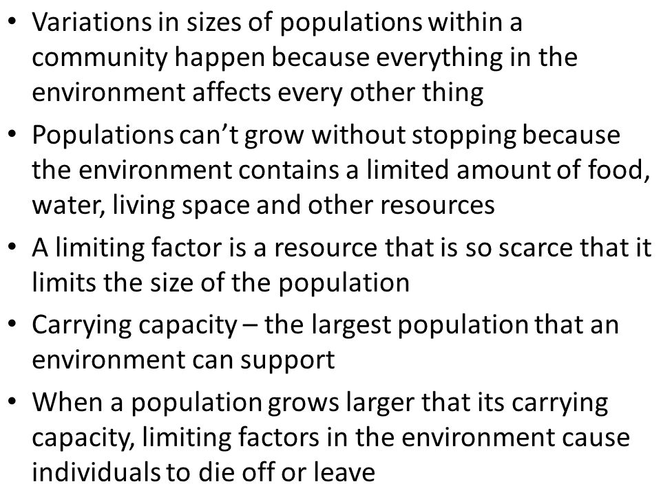 Variations in sizes of populations within a community happen because everything in the environment affects every other thing