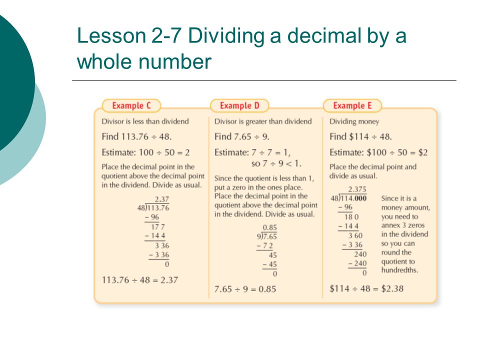 Lesson 2-7 Dividing a decimal by a whole number