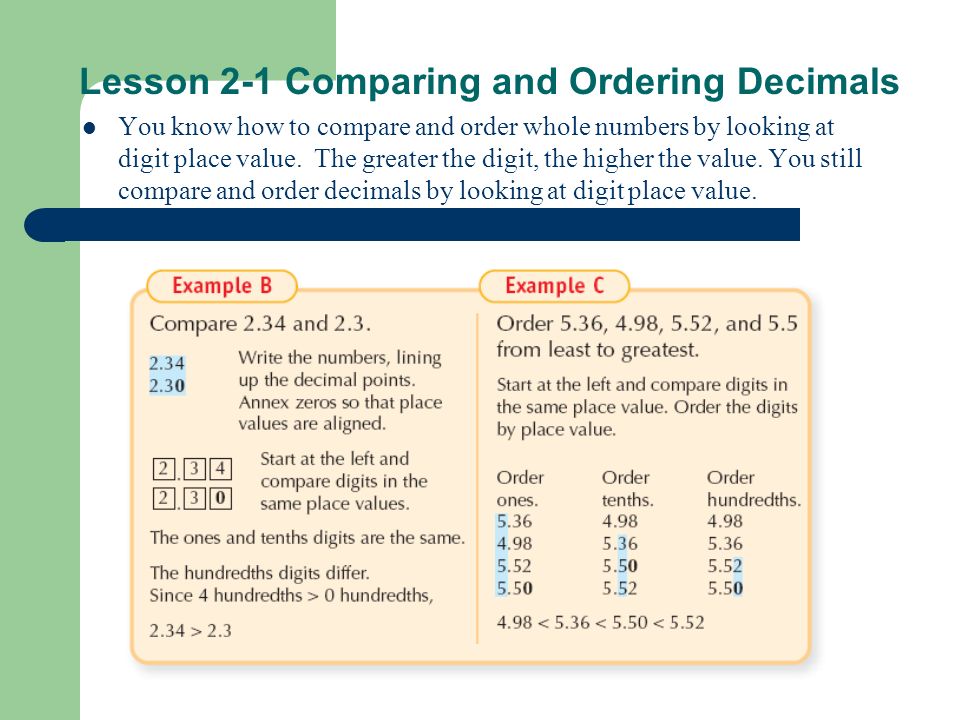 Lesson 2-1 Comparing and Ordering Decimals