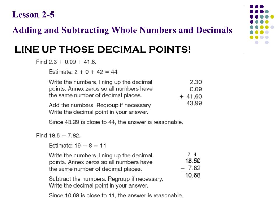 Lesson 2-5 Adding and Subtracting Whole Numbers and Decimals