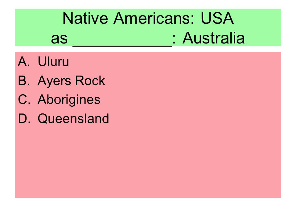 Native Americans: USA as ___________: Australia