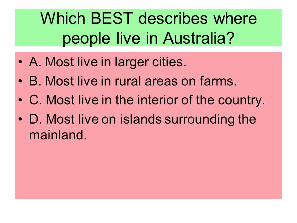 Which BEST describes where people live in Australia