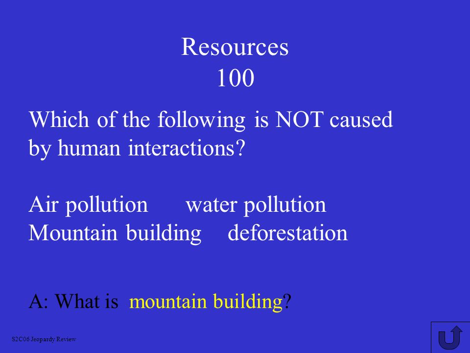 Resources 100 Which of the following is NOT caused by human interactions Air pollution water pollution.