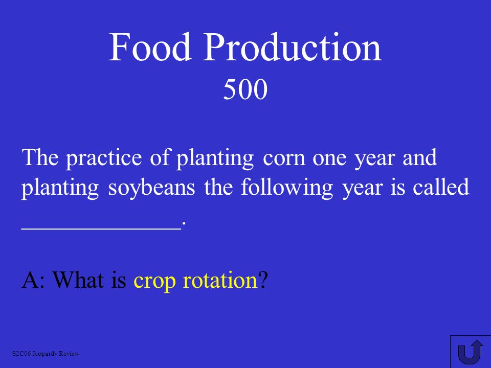 Food Production 500 The practice of planting corn one year and planting soybeans the following year is called _____________.