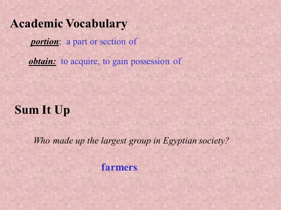 Academic Vocabulary Sum It Up farmers portion: a part or section of