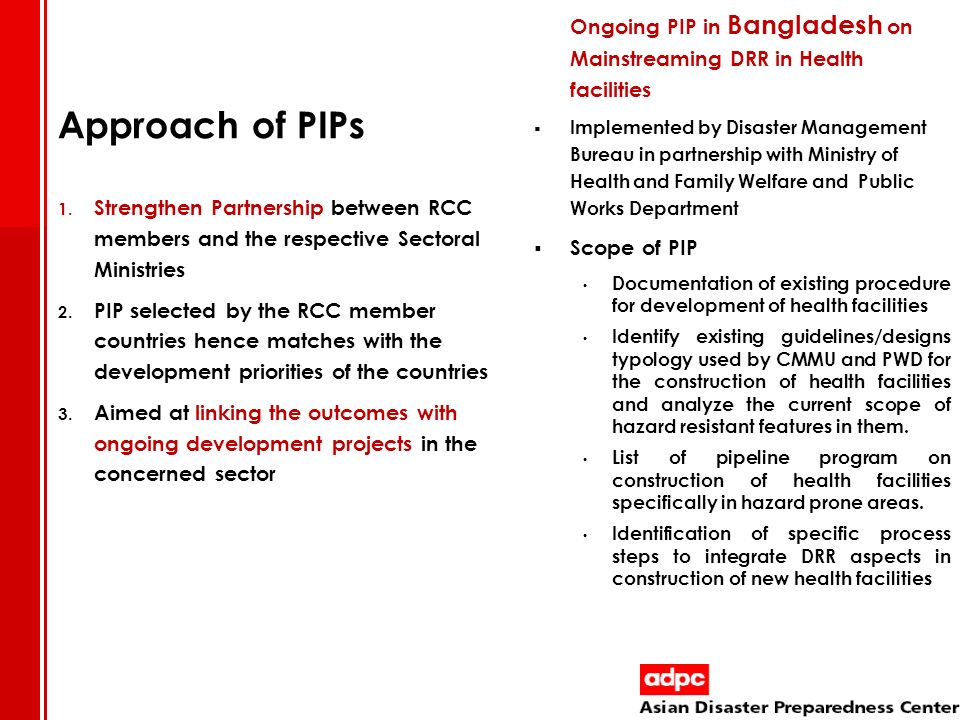 Ongoing PIP in Bangladesh on Mainstreaming DRR in Health facilities