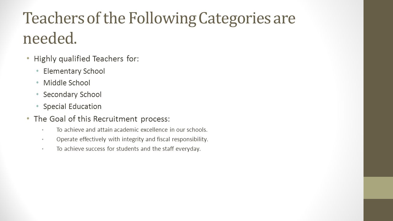Teachers of the Following Categories are needed.