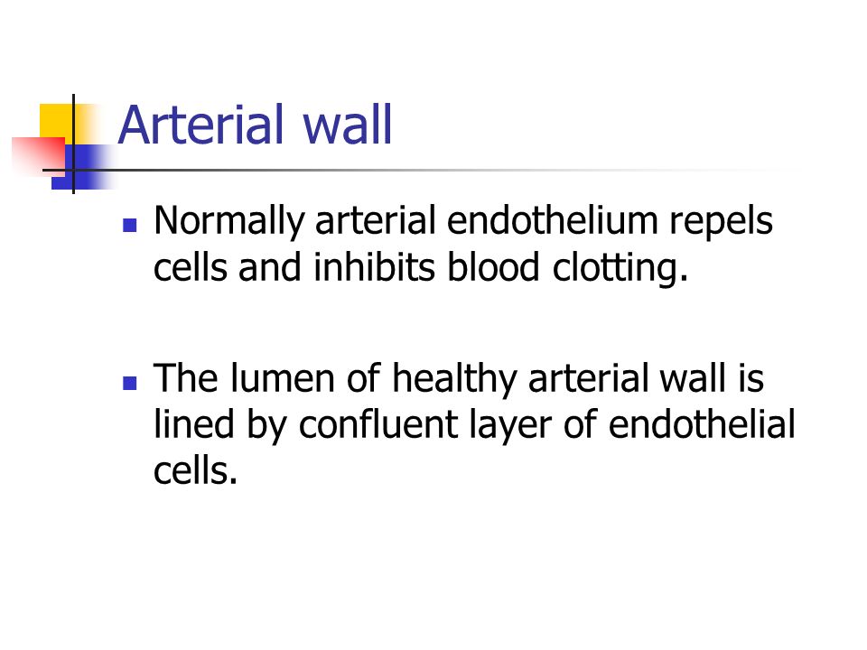 Arterial wall Normally arterial endothelium repels cells and inhibits blood clotting.