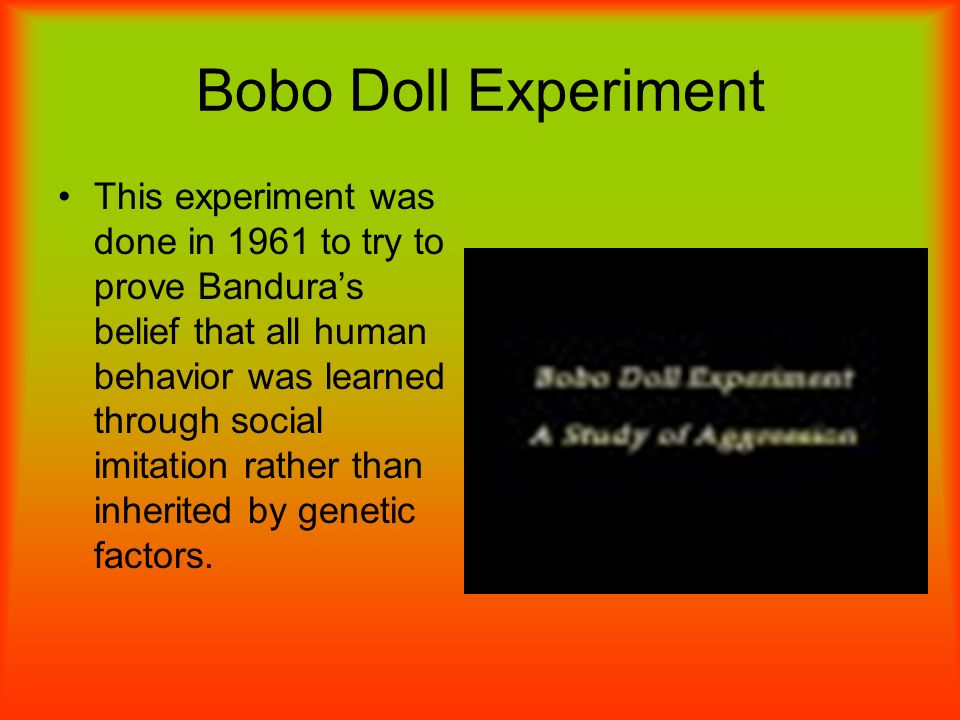 This experiment was done in 1961 to try to prove Bandura’s belief that all human behavior was learned through social imitation rather than inherited by genetic factors.