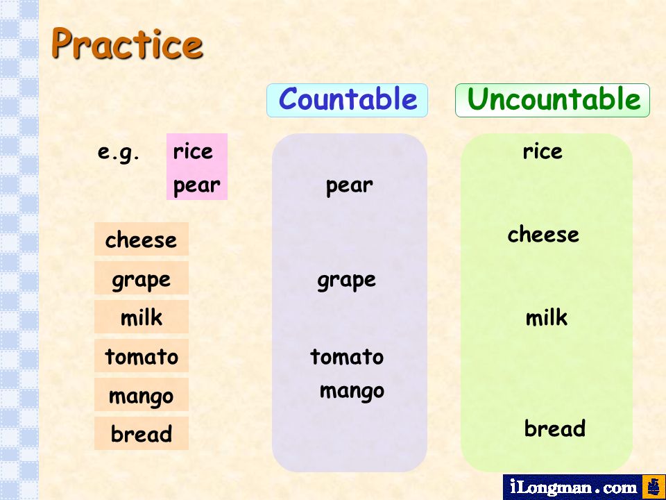 Practice Countable Uncountable e.g. rice rice pear pear cheese cheese