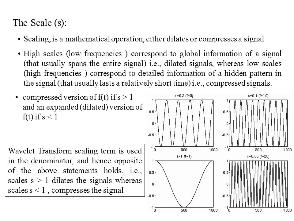 The Scale (s): Scaling, is a mathematical operation, either dilates or compresses a signal.