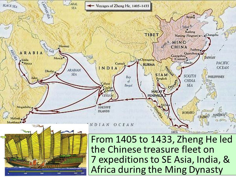 Early Exploration From 1405 to 1433, Zheng He led the Chinese treasure fleet on 7 expeditions to SE Asia, India, & Africa during the Ming Dynasty.
