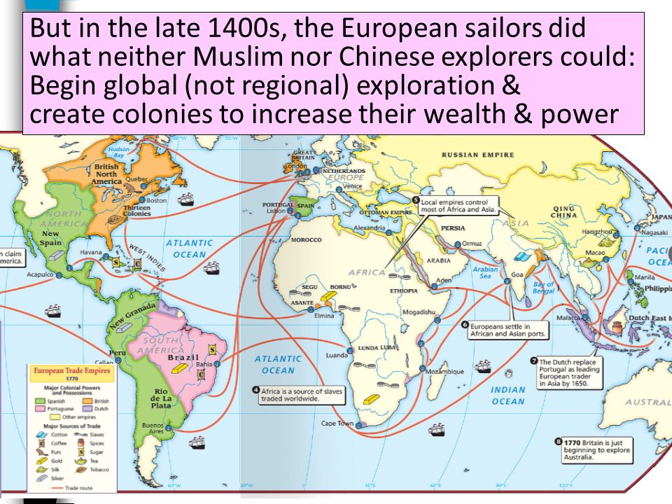 But in the late 1400s, the European sailors did what neither Muslim nor Chinese explorers could: Begin global (not regional) exploration & create colonies to increase their wealth & power
