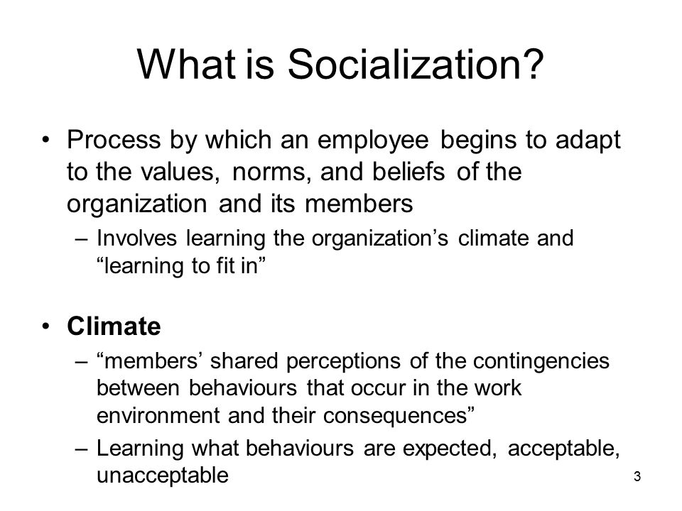 What is Socialization Process by which an employee begins to adapt to the values, norms, and beliefs of the organization and its members.