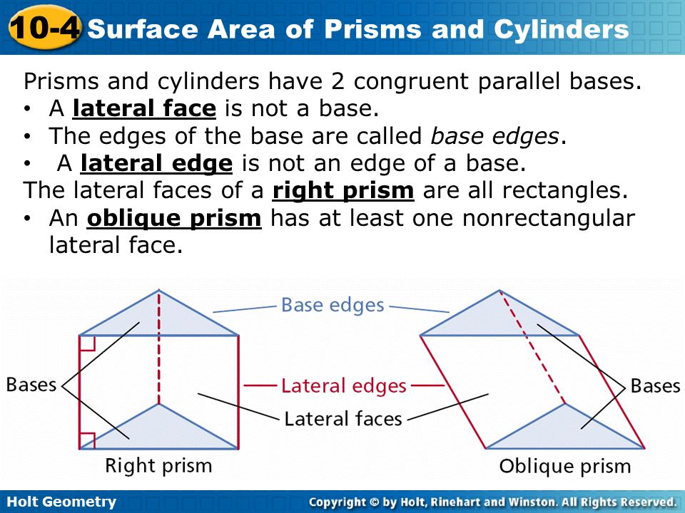 Prisms and cylinders have 2 congruent parallel bases.
